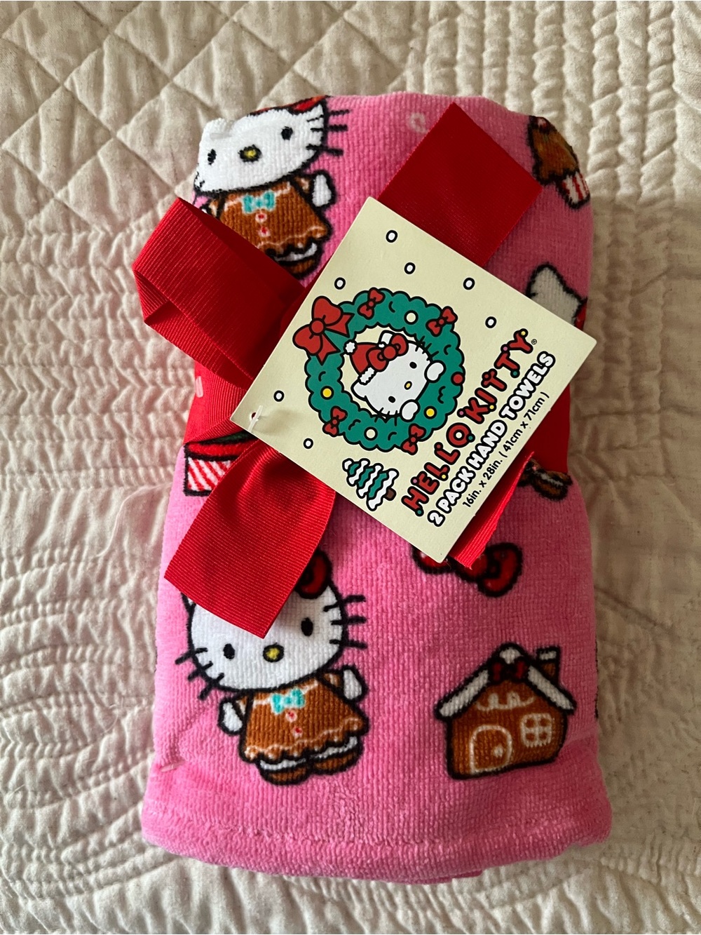 Hello Kitty Pink Holiday Hand Towels with Gingerbread Motifs